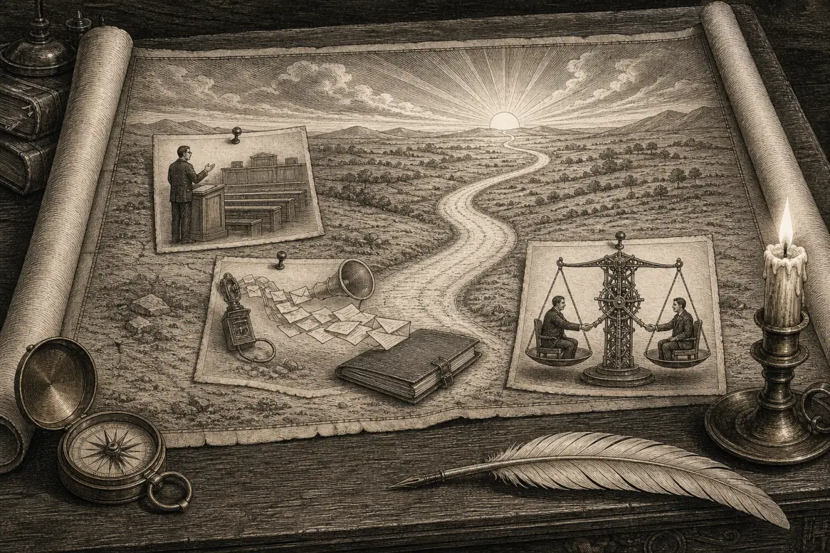 Engraving-style illustration of a surveyor's map on a drafting table, a road leading to the horizon with small vignettes of an advocate rehearsing, evidence flowing into a folio, and balanced scales