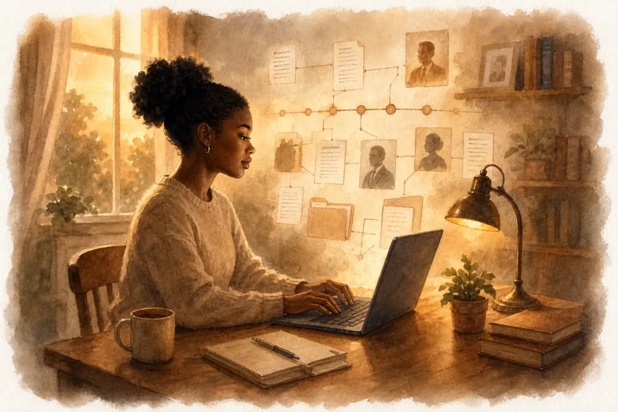Watercolor illustration of a person building their case file on a laptop at home