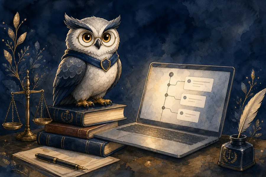 Watercolor illustration of Wigmore the owl perched on law books beside a laptop showing a case timeline