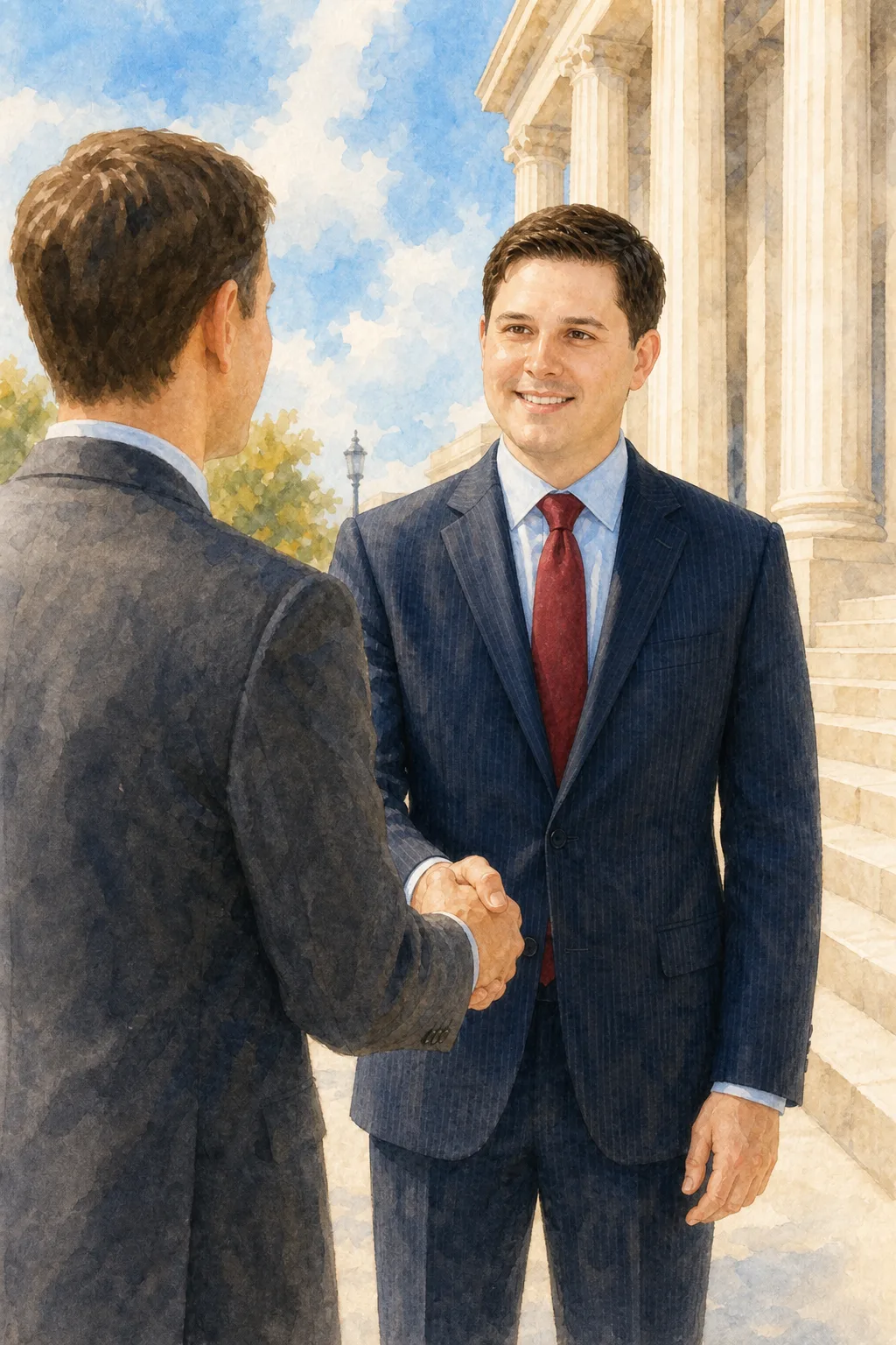 Watercolor illustration of a client with a built case file meeting counsel for shared-risk representation