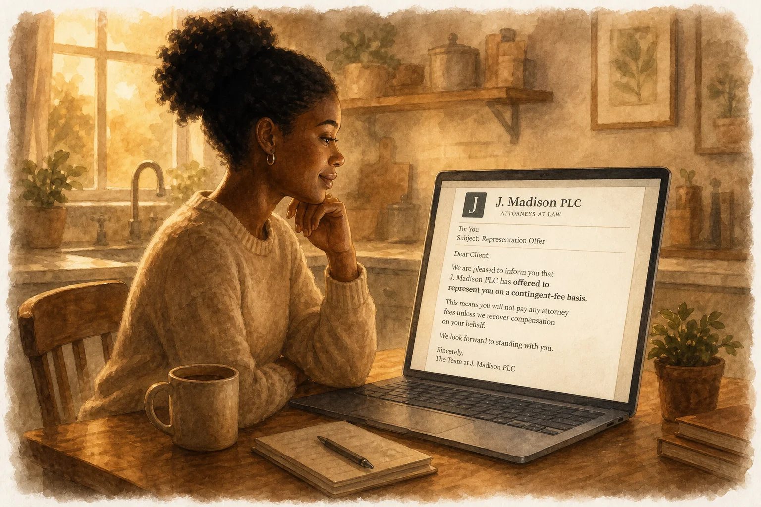 Watercolor illustration of a client reading a J. Madison PLC email offering contingent-fee representation