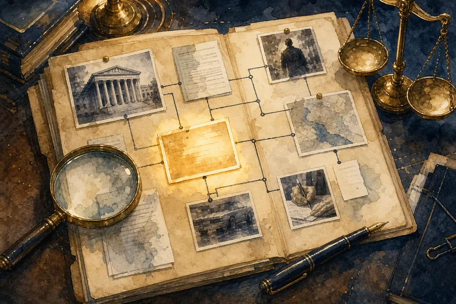 Watercolor illustration of an open case file with documents and photographs connected like an evidence map