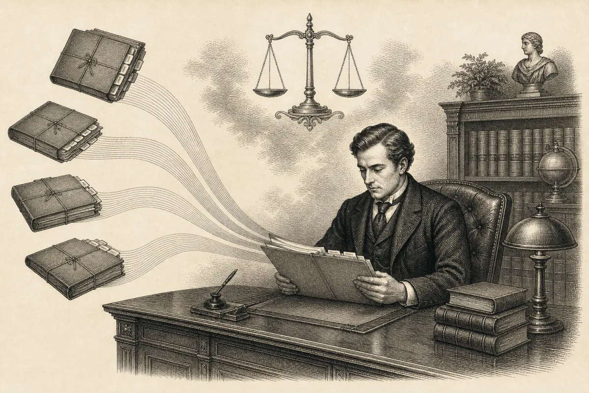 Engraving-style illustration of an attorney receiving organized case files through a referral network