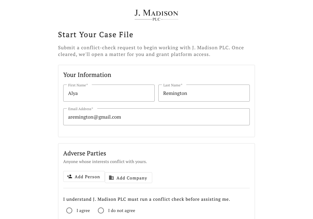 Conflict-check intake for adverse parties before a matter opens.