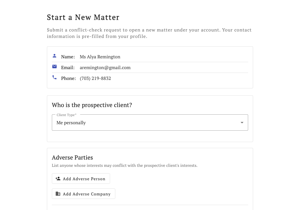 New-matter conflict check wizard from the portal.