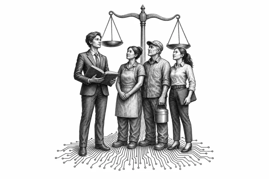 Engraved illustration of an attorney standing with three everyday workers beneath the scales of justice, the linework dissolving into circuit traces