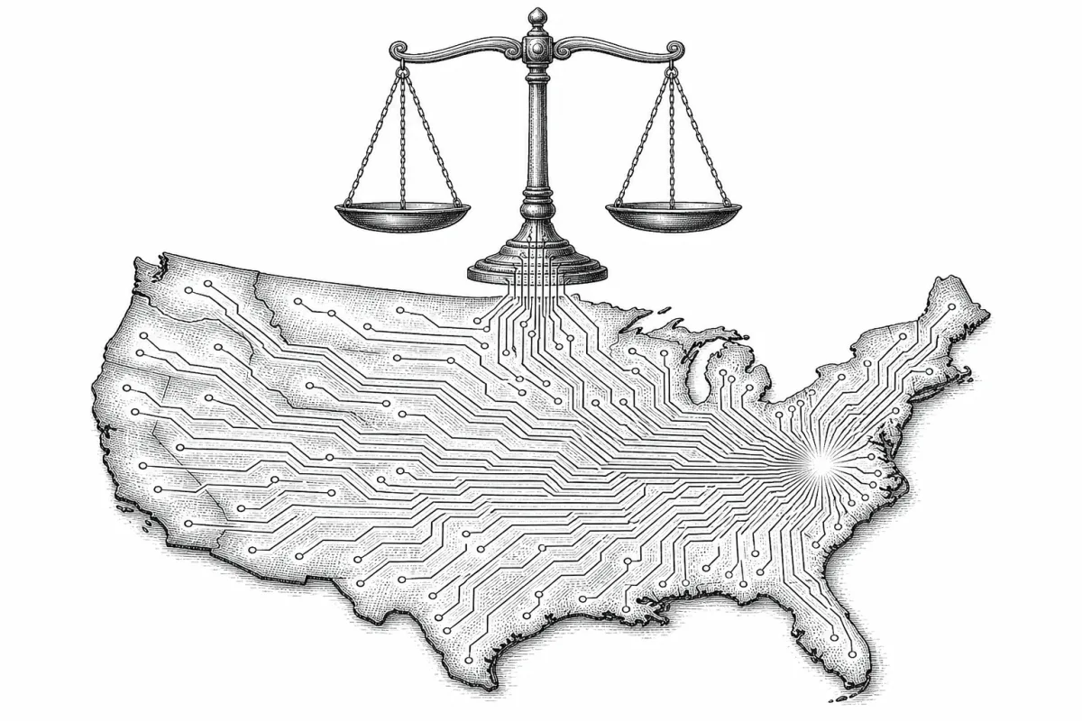 Engraved illustration of the scales of justice above a map of the United States, with circuit traces radiating from Virginia to every state