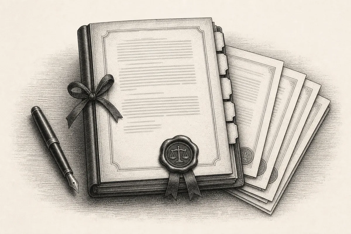 Engraving-style illustration of a bound demand packet with tabbed exhibits, ready for signature