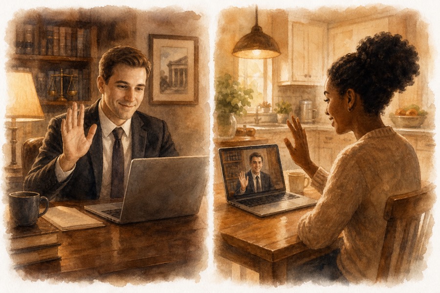 Watercolor illustration of a client meeting their attorney by video call