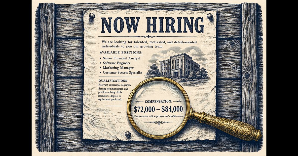 A job posting displaying a salary range under a magnifying glass, illustrating Virginia's new pay transparency requirements