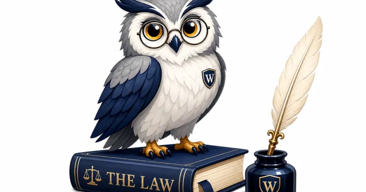 Wigmore the owl beside a glowing evidence chart mapping documents and witnesses up to the scales of justice