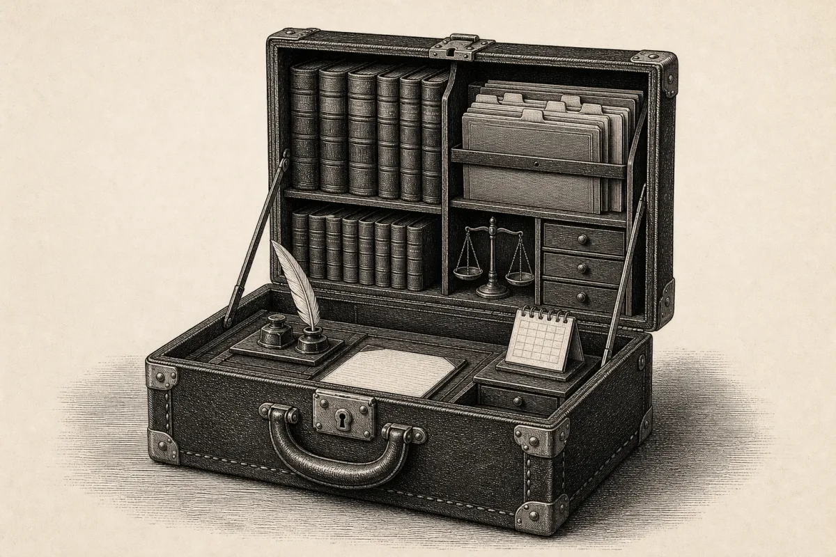 Engraving-style illustration of a traveling case opening to reveal a complete miniature law office
