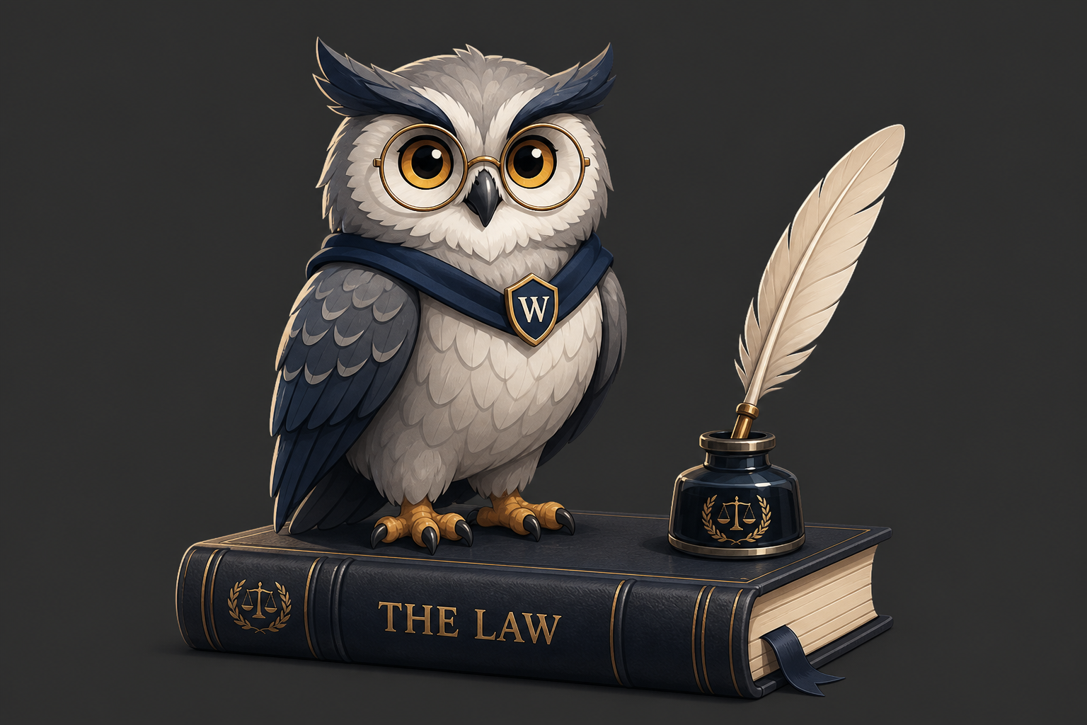 Wigmore, the Cloud Counsel AI owl mascot, perched on a law book
