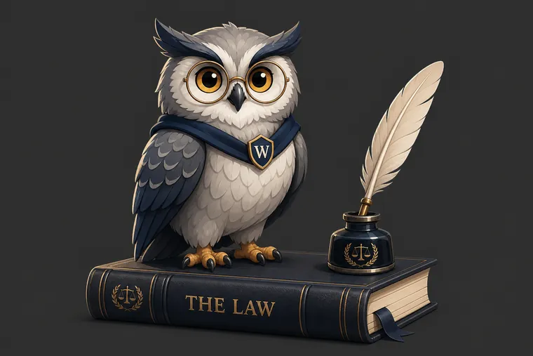 Wigmore, the Cloud Counsel AI owl mascot, perched on a law book
